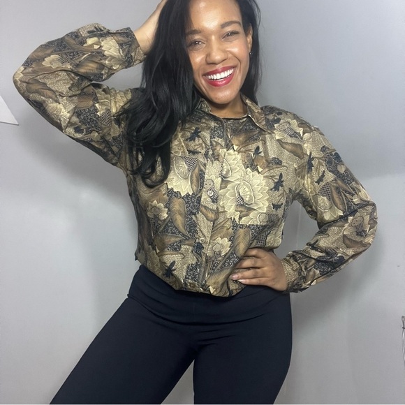 Vintage Boho Top Leaf Print Silk Blouse Eclectic Rare Novelty Print Nature AOP - Picture 13 of 13